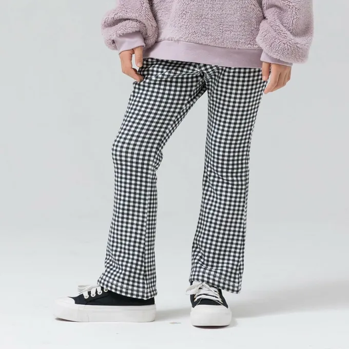 日本 Chil2 - 保暖內刷毛微喇叭彈力長褲-經典格紋-咖啡