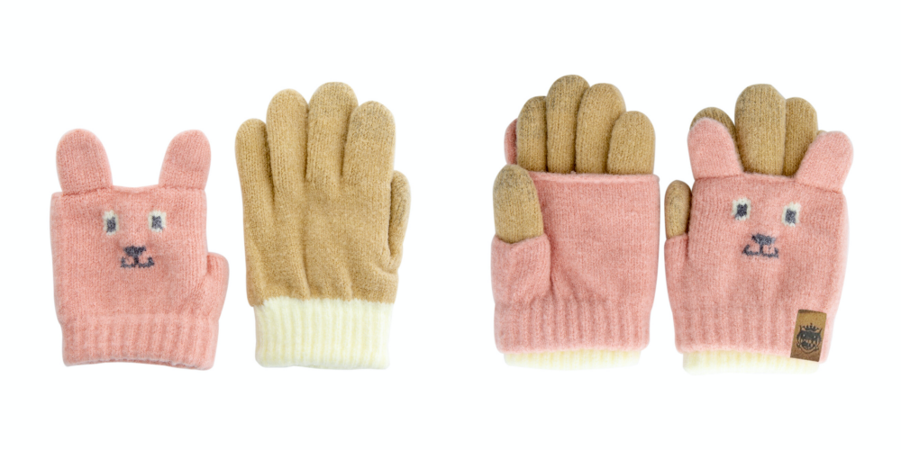 日本 BISQUE - 2way日本製質感動物造型小孩手套-小熊-灰深藍 (3-6y)