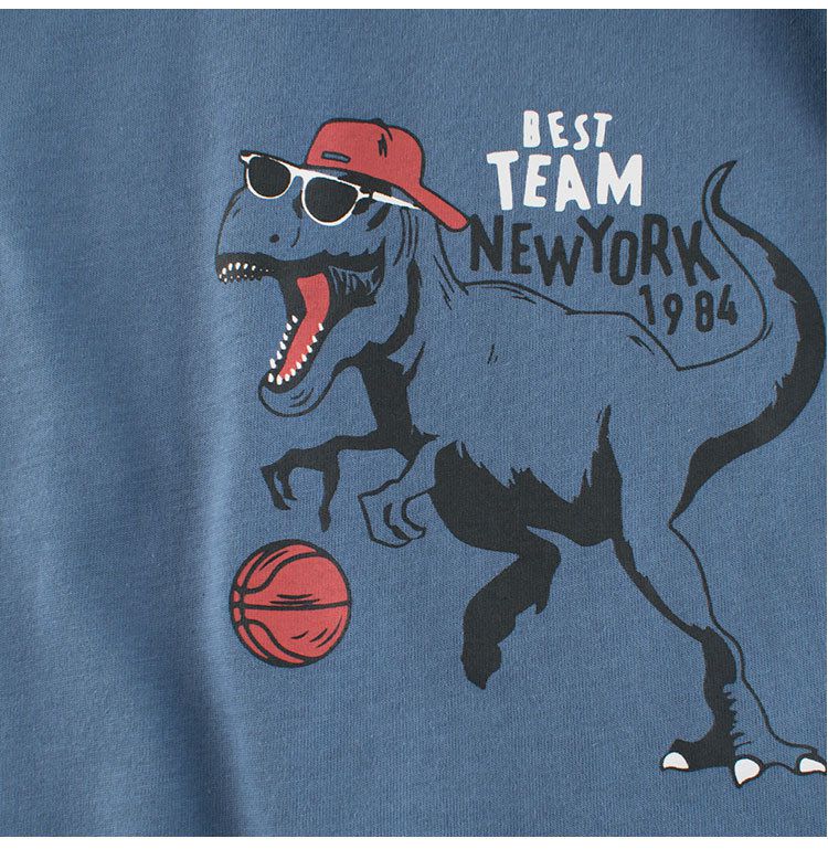 純棉圓領薄長袖上衣-嘻哈籃球恐龍-藍色