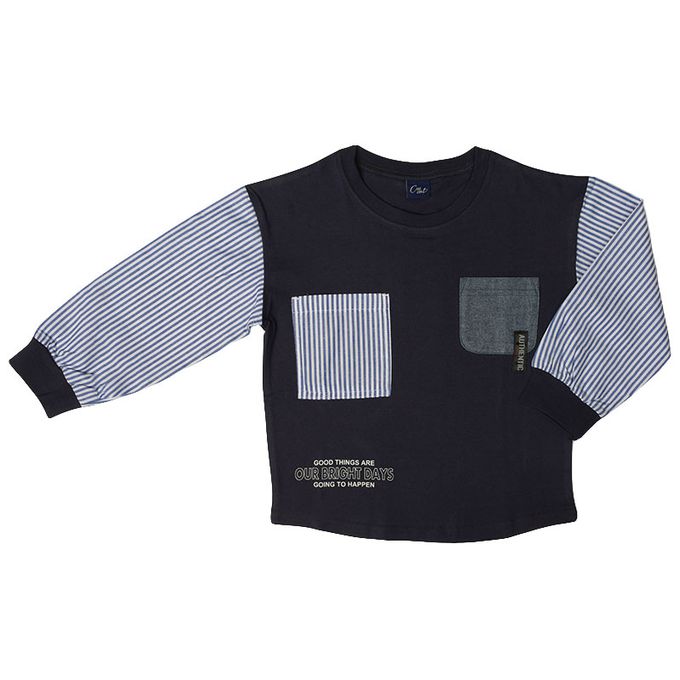 akachan honpo - T恤-平織布拼接-深藍色