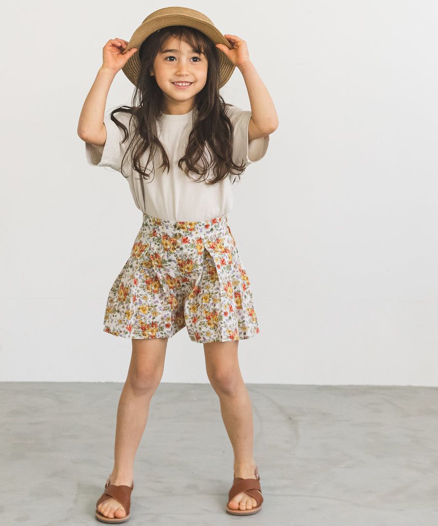 日本 PAIRMANON - 百摺造型排釦短褲裙-碎花-米