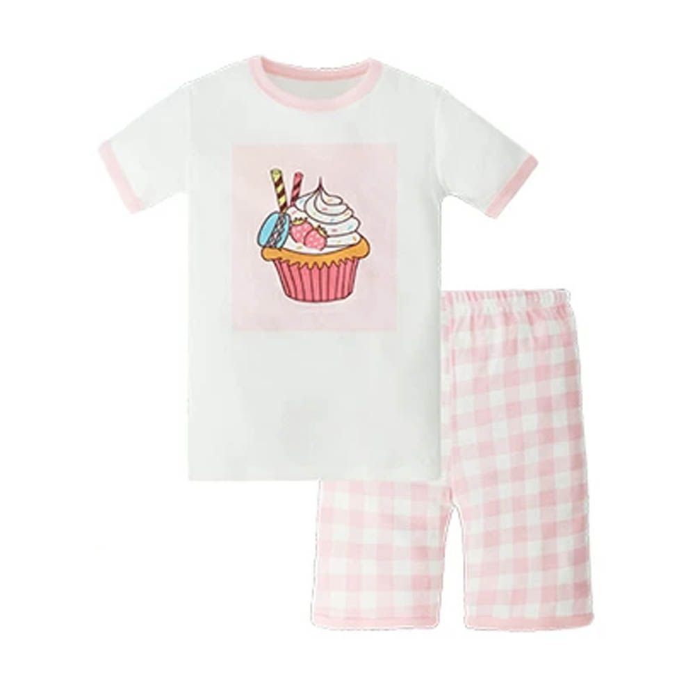 100%棉 舒適短袖睡衣/家居服-蛋糕-淺粉x白