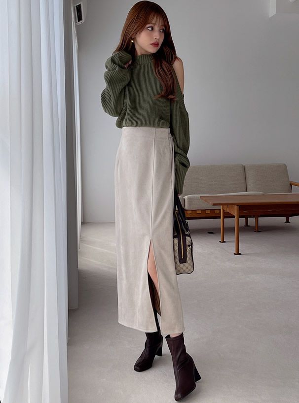 日本 GRL - 優雅百搭開衩麂皮長裙-深可可