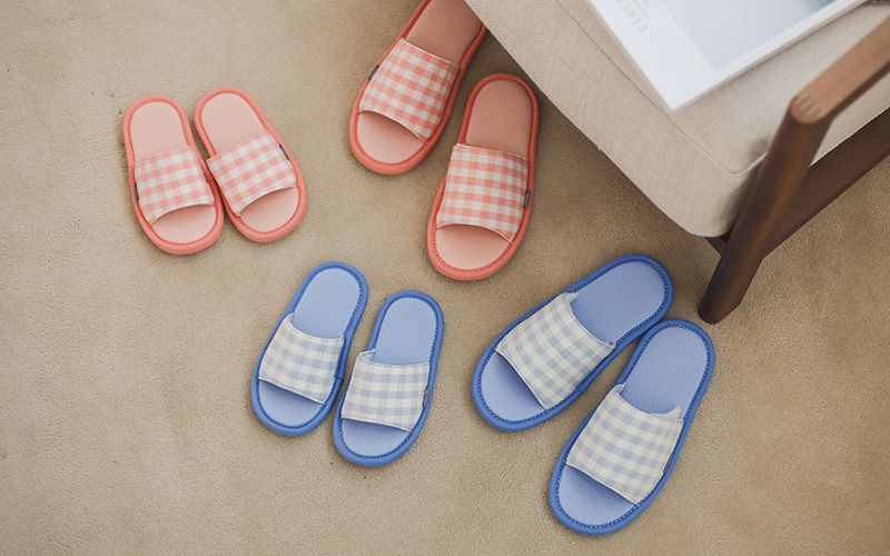 韓國 OZKIZ - 消音防滑室內鞋-拖鞋款(格子)-蜜桃橘