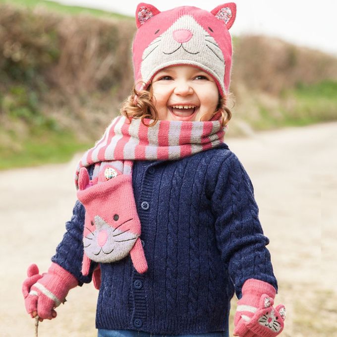 英國 JoJo Maman BeBe - 保暖舒適羊毛帽-粉貓咪