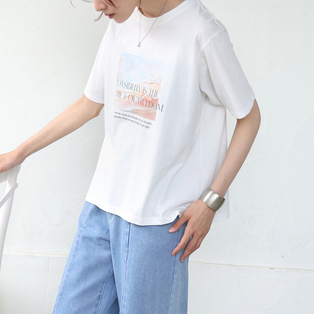 100%棉 俐落光影印花短袖T恤-白 (M)