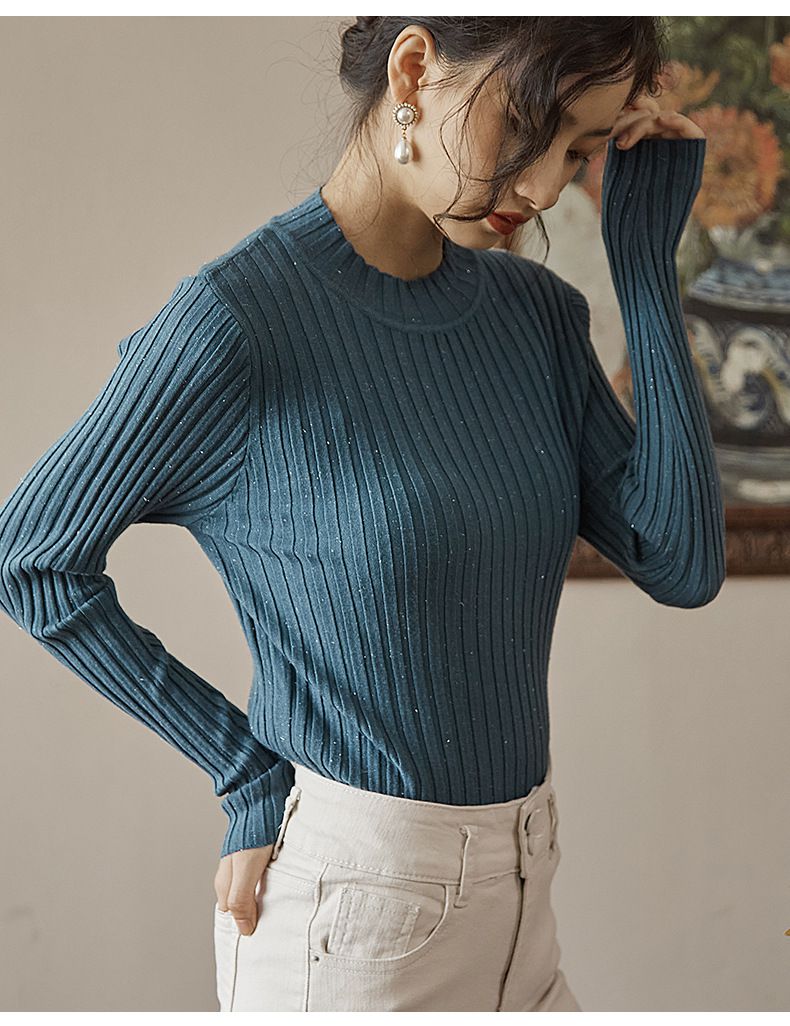 優雅百搭坑條修身針織上衣-藍色