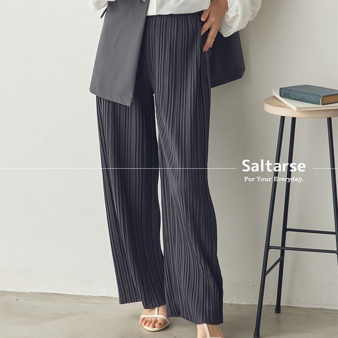 日本 Sans Souci 34+ - 細摺搖曳優雅寬褲(全腰鬆緊)-炭灰 (M)