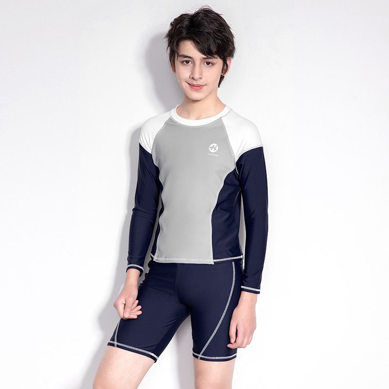 大童男孩長袖泳衣套裝(二件組)-拼色款-藍+灰+白-泳衣、短泳褲