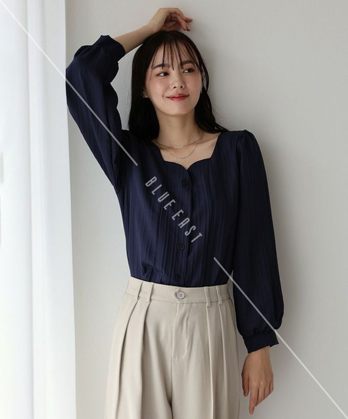 日本 BLUE EAST - 甜美心型領線條紋理長袖襯衫-杏橘