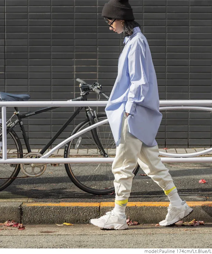 日本 COCA - 簡約落肩翻領長袖襯衫-條紋-水藍