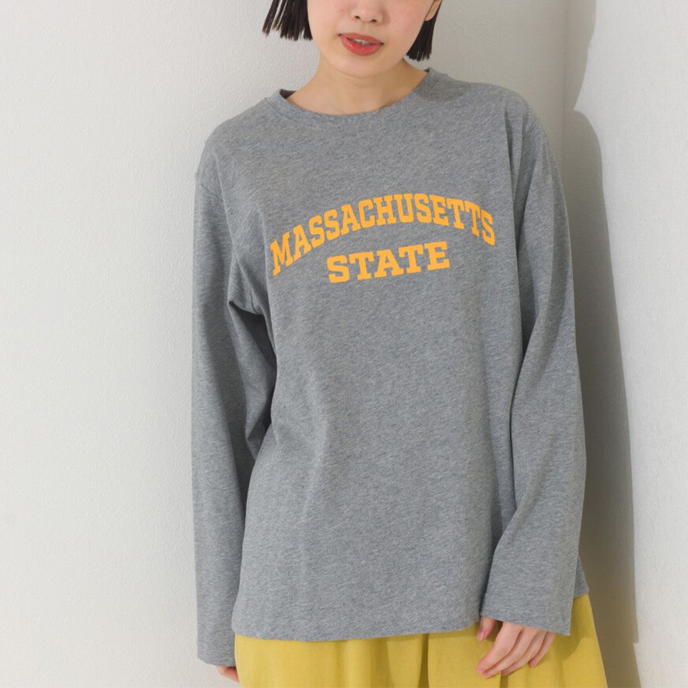 100%棉 簡約英文標語長袖上衣-淺灰