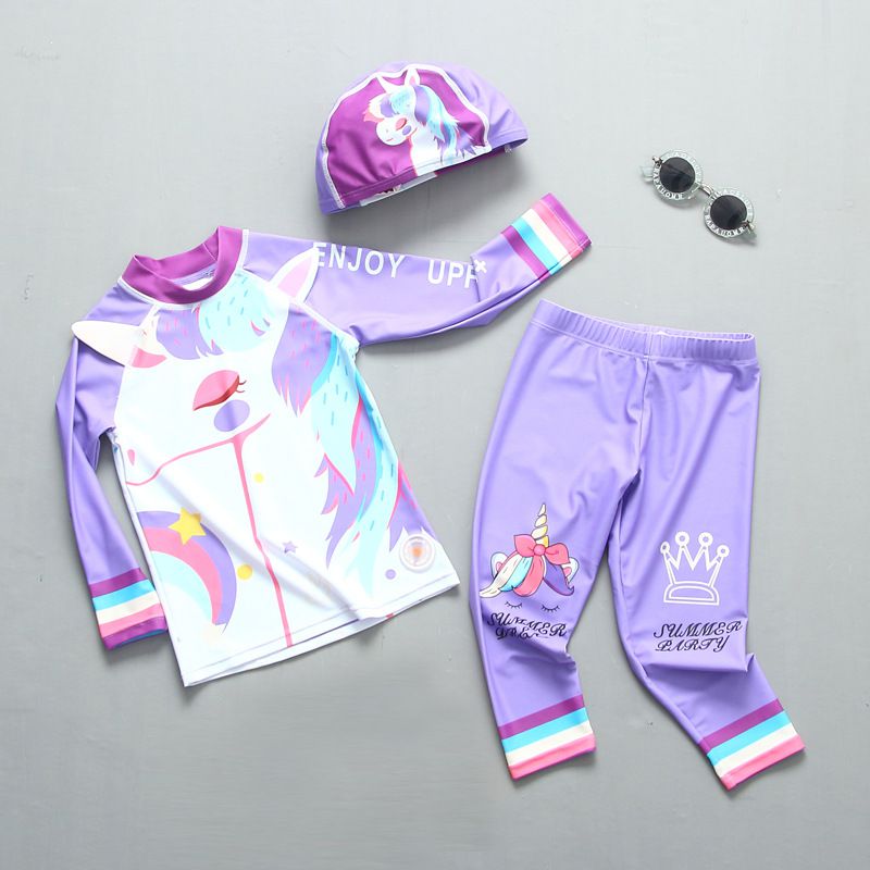 女寶防曬長袖泳裝套裝(附帽子)-夢幻獨角獸-紫色