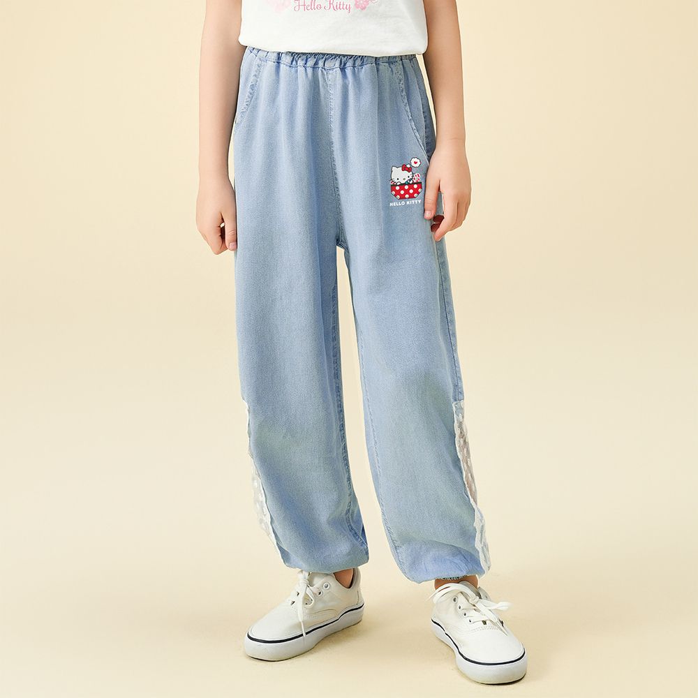 簍空蕾絲拼接天絲牛仔褲-卡通人物Hello Kitty-藍色
