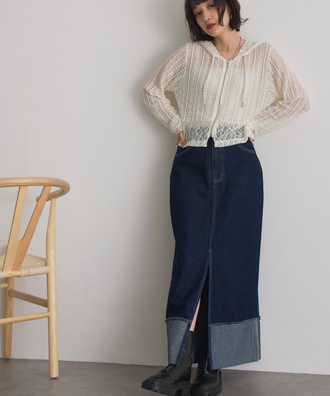 日本 ELENCARE DUE - 10oz抽鬚摺邊俐落前開叉牛仔長裙-海軍藍