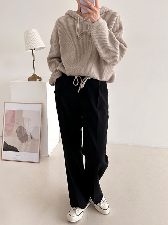 韓國女裝連線 - 連帽抽繩長袖針織上衣-米白 (FREE)