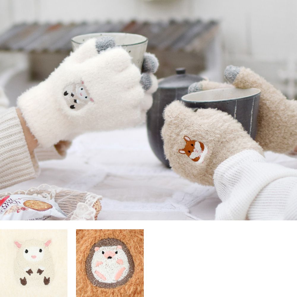 日本 TOMO - 大人可觸控短絨保暖手套-小刺蝟-紅棕