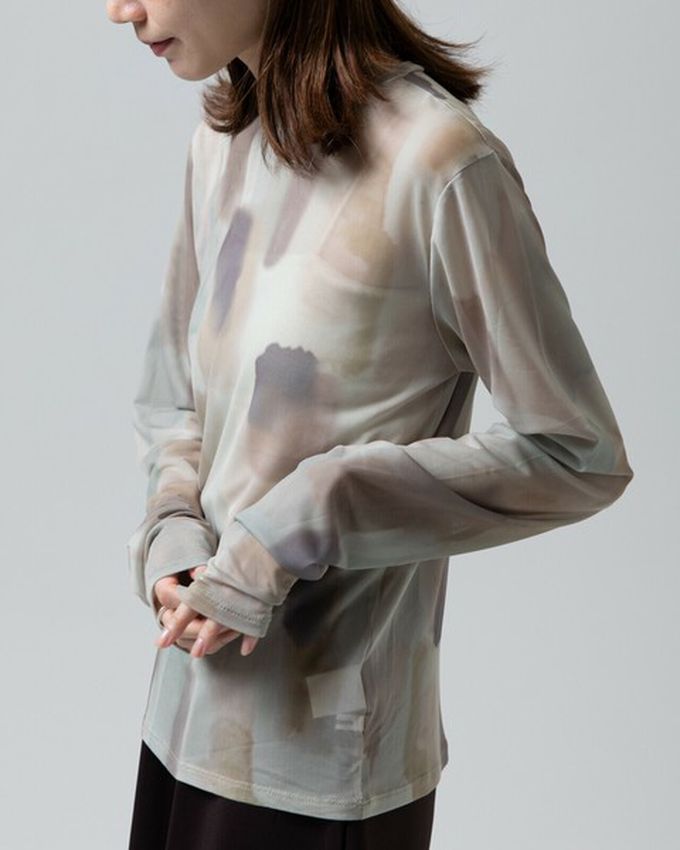 日本 gleam - 水彩畫風透膚休閒長袖上衣-深棕x藍系