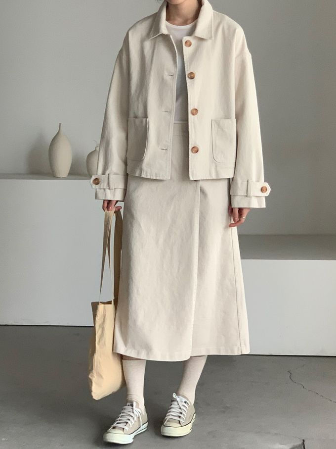 韓國女裝連線 - 後鬆緊鈕扣點綴A字長裙-米白 (FREE)