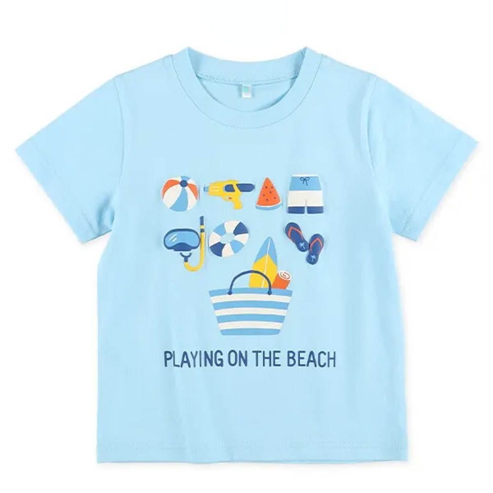 立體印花短袖上衣-海邊度假-水藍