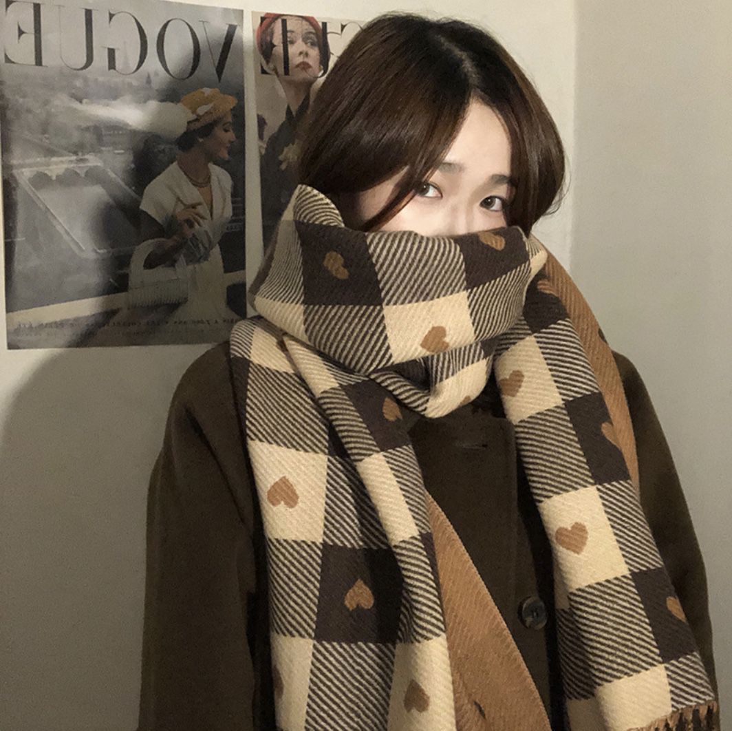 超柔軟愛心格子加厚重磅雙面圍巾-咖啡色-成人圍巾披肩-咖啡色-200 x 70 cm