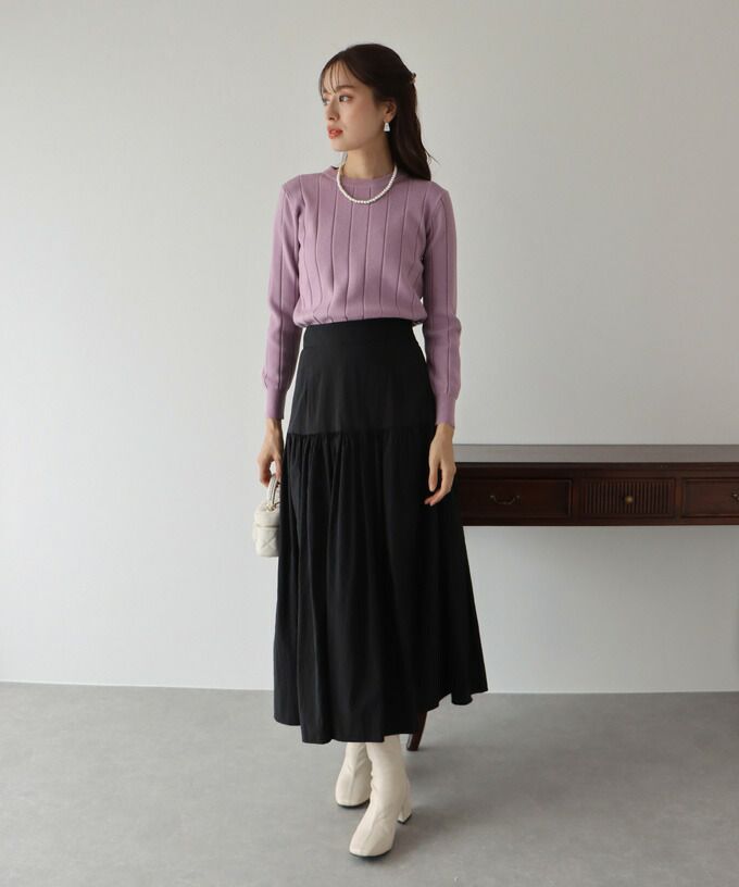 日本 BLUE EAST - 坑條圓領針織上衣-紫