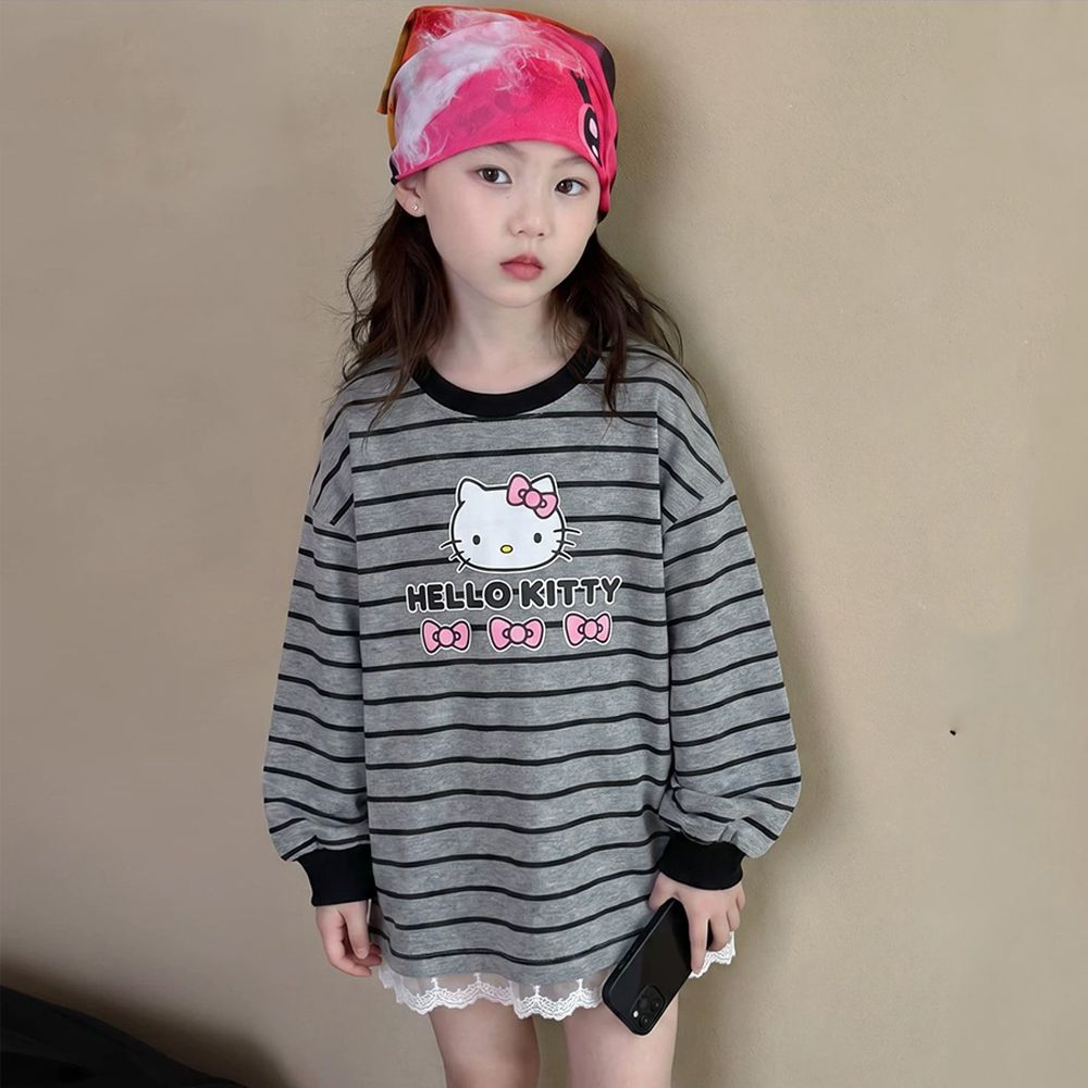 條紋拼接蕾絲下擺長袖連身裙-卡通人物Hello Kitty-灰色