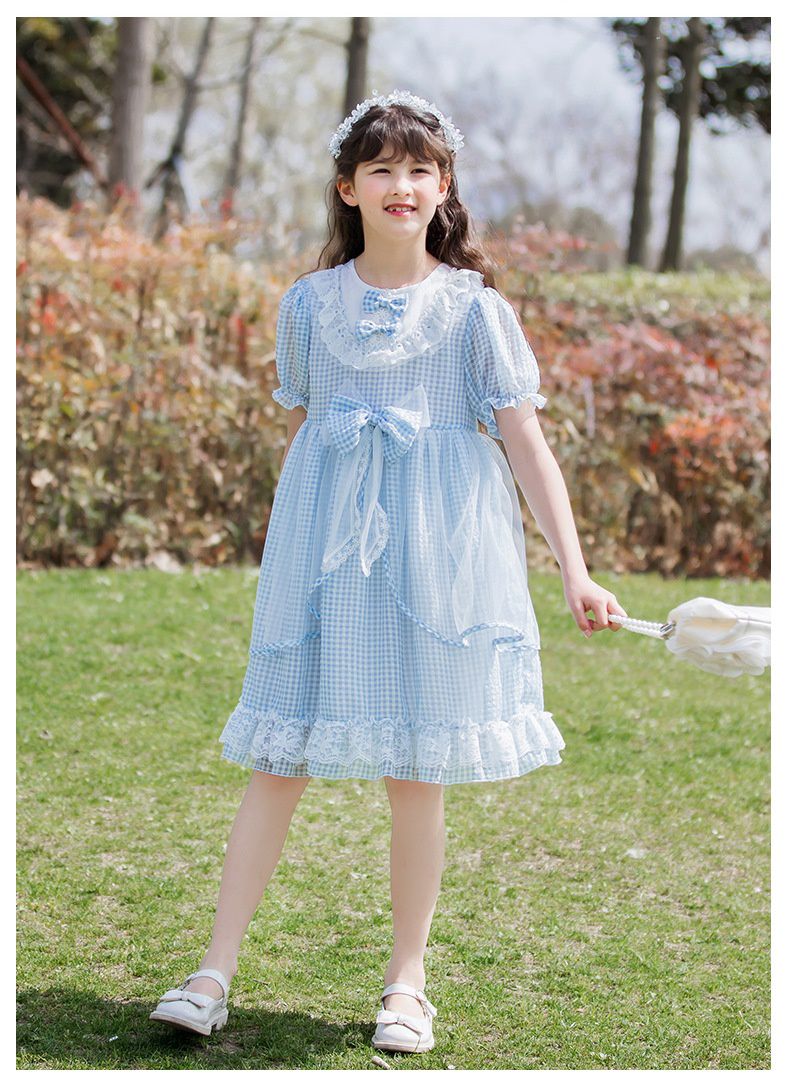 蕾絲娃娃領泡泡袖洋裝-格紋-藍+白
