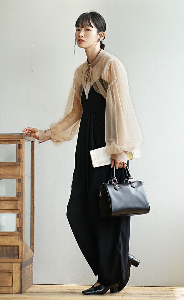 日本 zootie - 優雅透明薄紗綁帶長袖上衣-黑