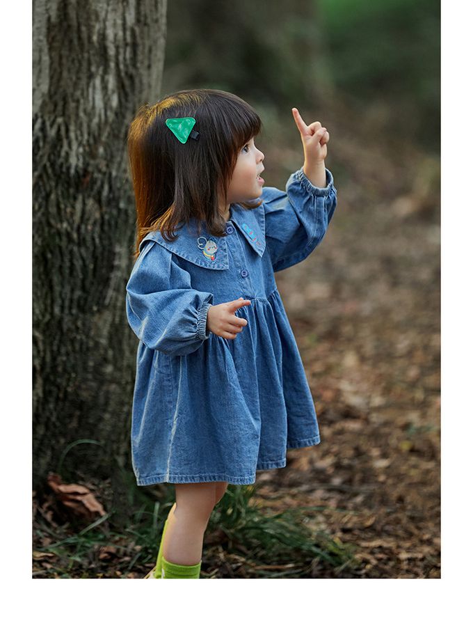 純棉百搭長袖牛仔連身裙-勤勞小蜜蜂-牛仔藍