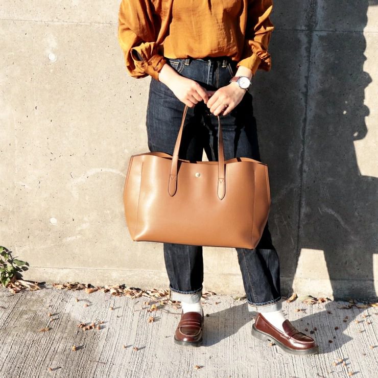 日本 Legato Largo - 輕量PU時尚大容量肩背托特包-DG/G深綠 (42x26x14cm 把手長約55cm)