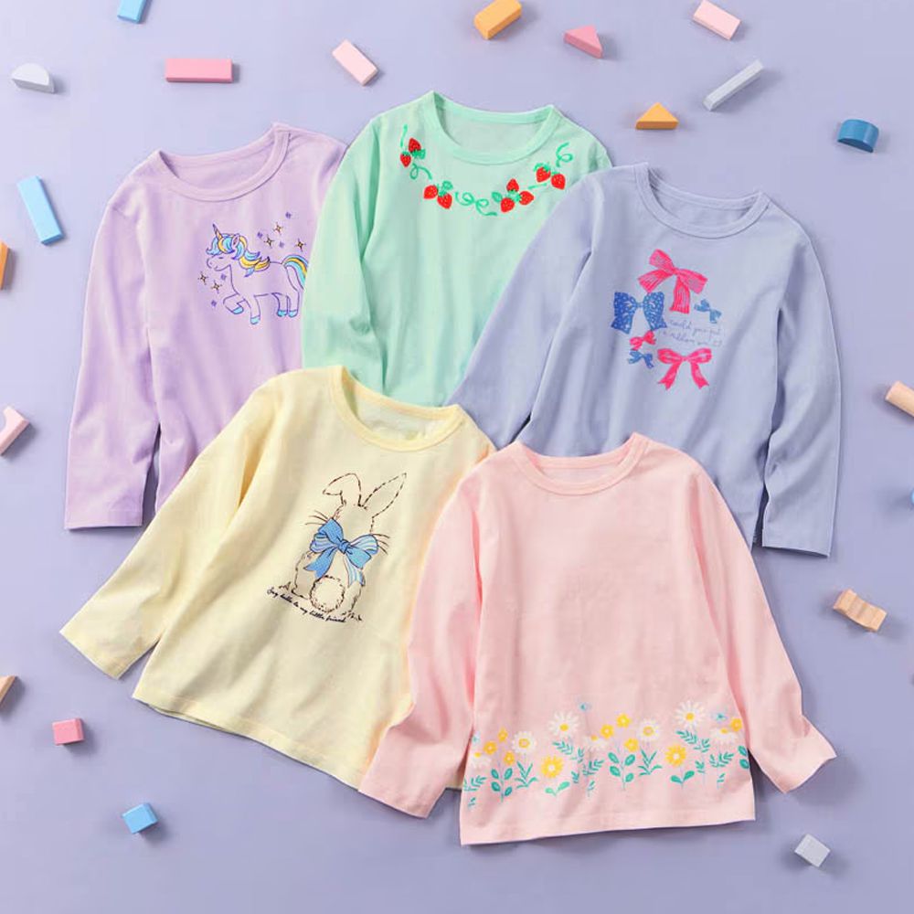 超值五件組 100%純棉印花長袖上衣-少女系-粉紅淺紫