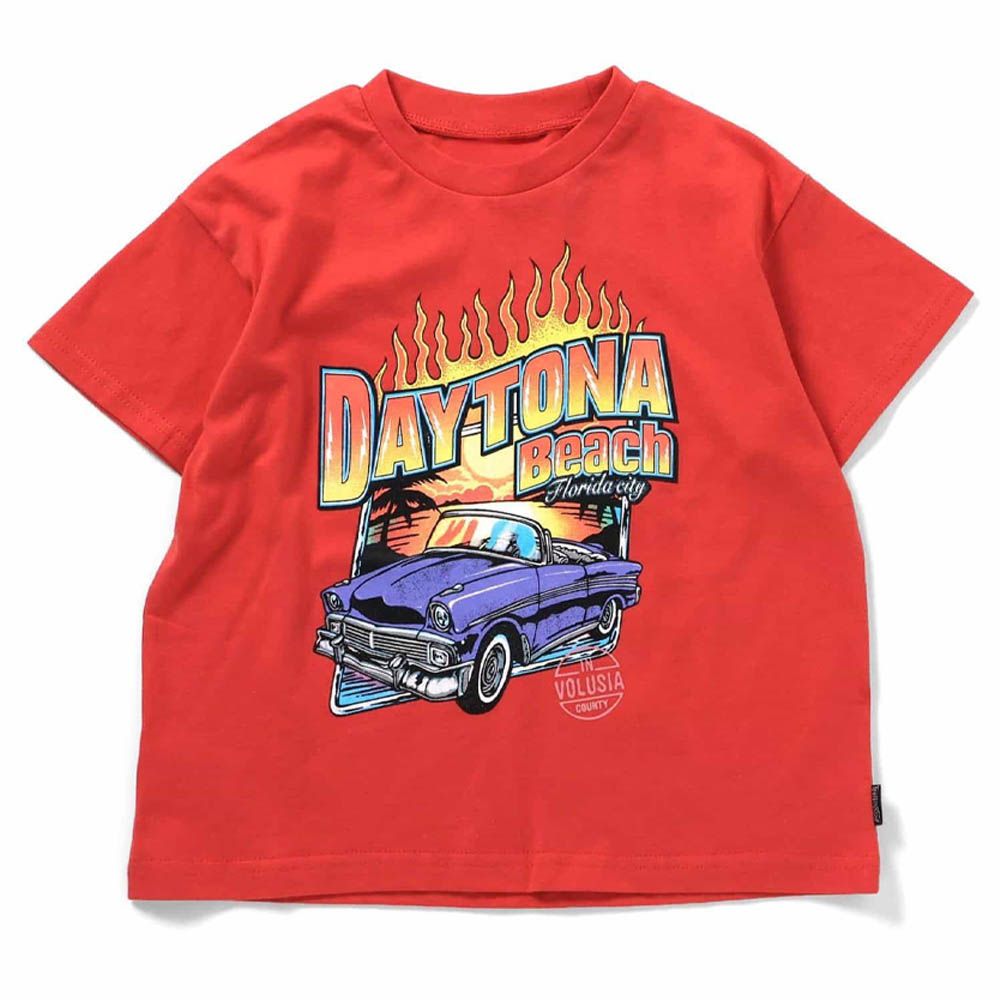 [必收] 百搭美式印花短袖上衣-復古敞篷車-紅