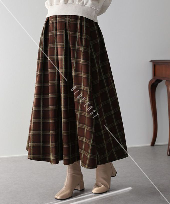 日本 BLUE EAST - 經典格紋挺版皺摺長裙(有口袋)-酒紅