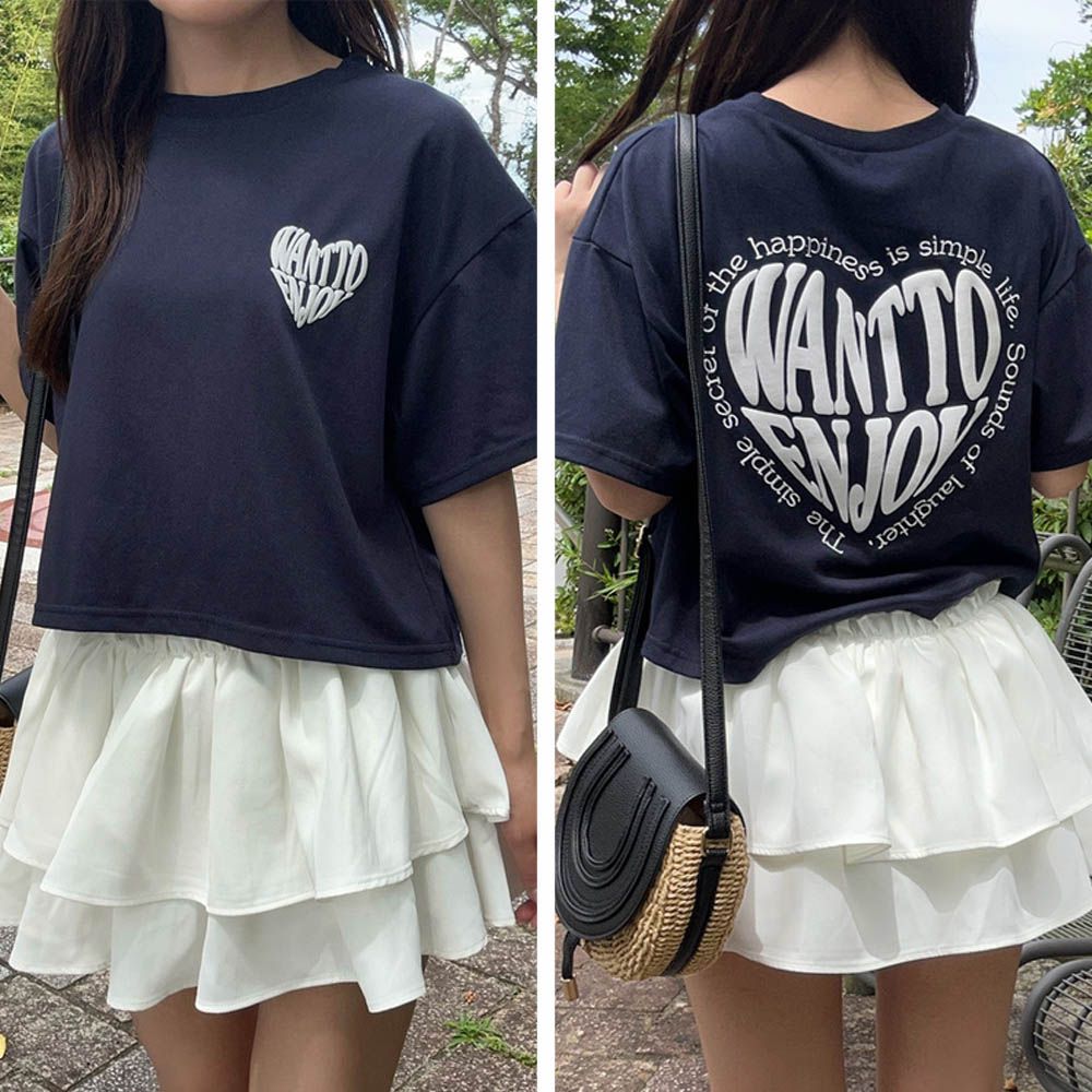 背後立體心型印花短版T恤-深藍 (F)