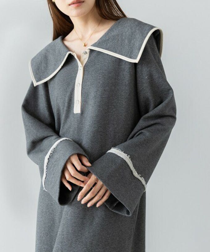 日本 Bab - 滾邊個性大翻領休閒長袖洋裝-咖啡