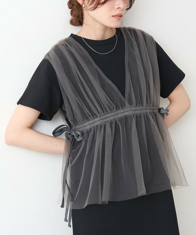 日本 Bab - 層次設計感薄紗拼接短袖洋裝-炭灰