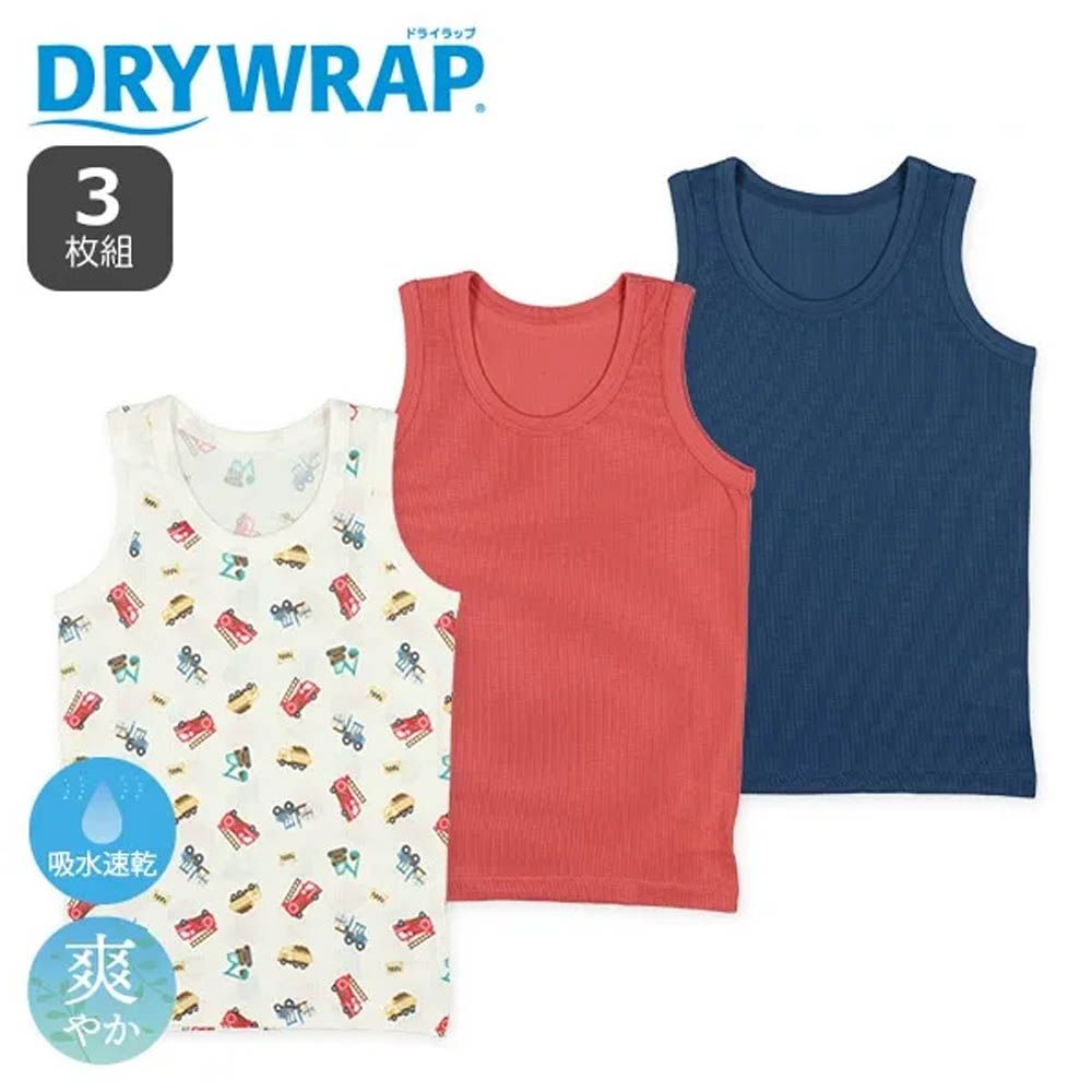 吸水速乾 網眼涼爽背心內衣(3件組)-工程車x素面-白x紅x藍