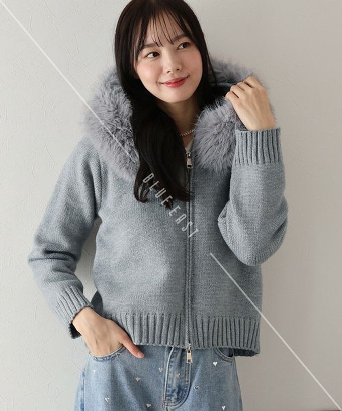 日本 BLUE EAST - 澎澎可愛毛絨帽雙拉鍊針織外套-黑