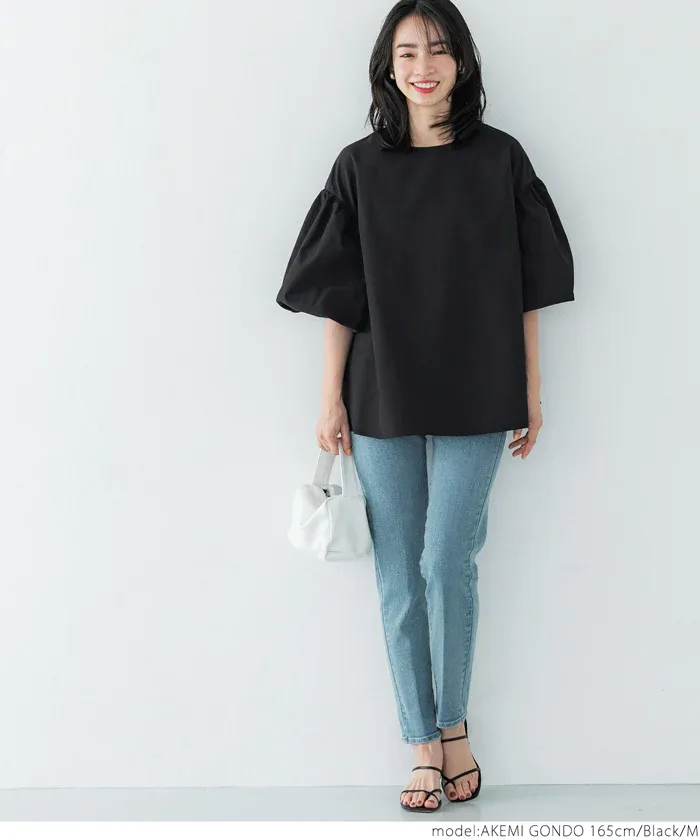 日本 COCA - 經典浪漫圓領澎澎袖上衣-深藍