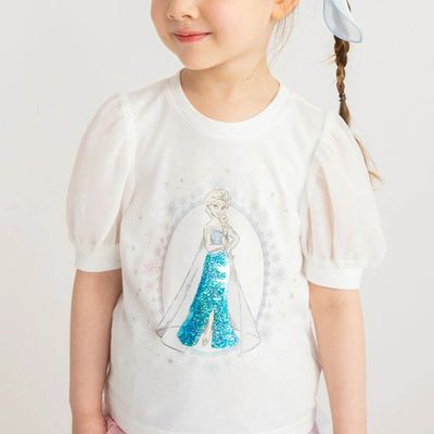 日本 BRANSHES - 迪士尼限定 亮片雪紡澎澎短袖上衣-卡通人物艾莎-白