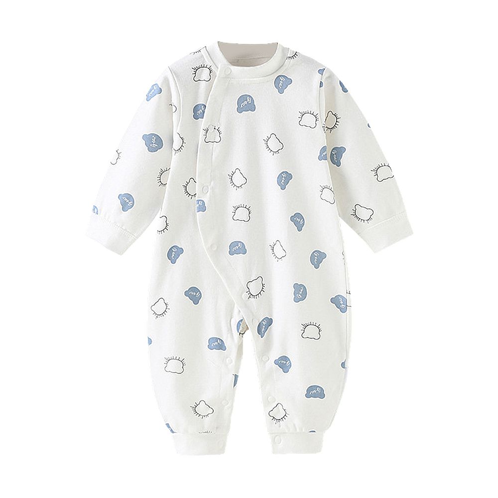 純棉長袖包屁衣 前開扣連身衣 寶寶睡衣-藍白熊頭