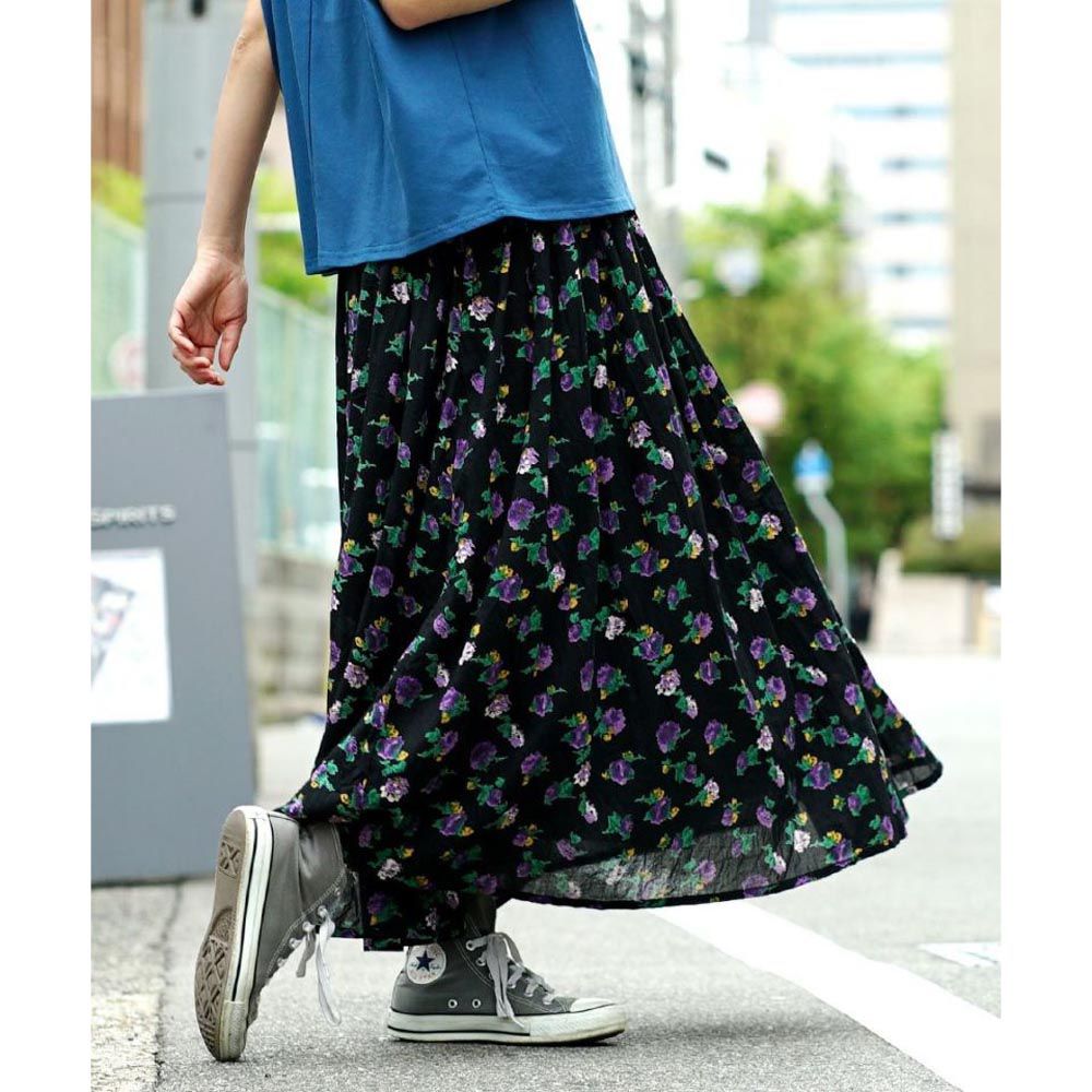 日本 zootie - 100%印度棉印花長裙-紫色小花-黑