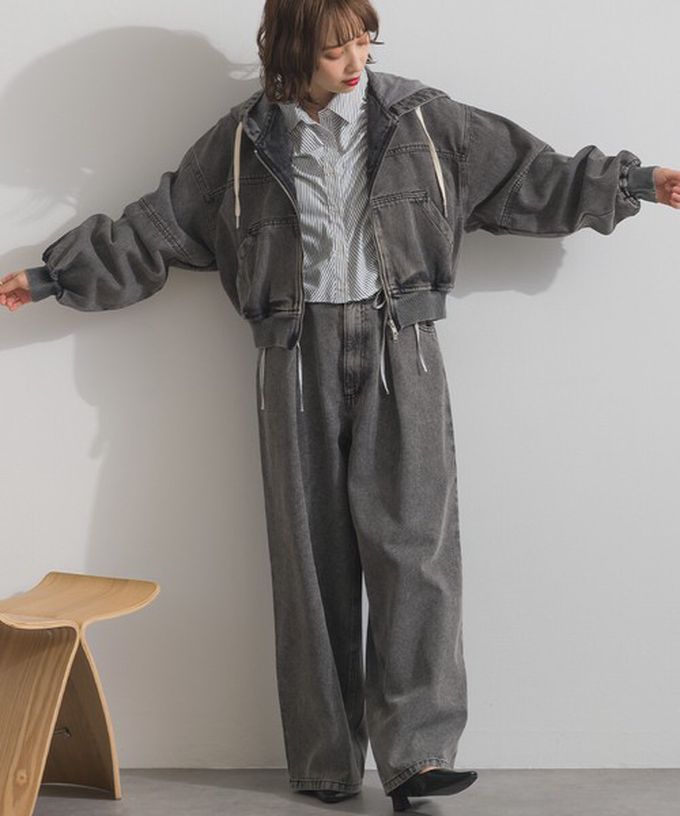 日本 ELENCARE DUE - 10oz 立體摺線後腰鬆緊牛仔褲-刷色藍