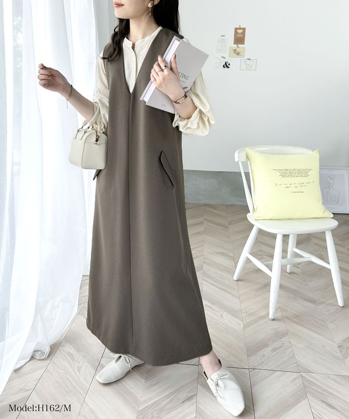 日本 Classical Elf - 簡約深V領氣質線條背心裙-摩卡棕