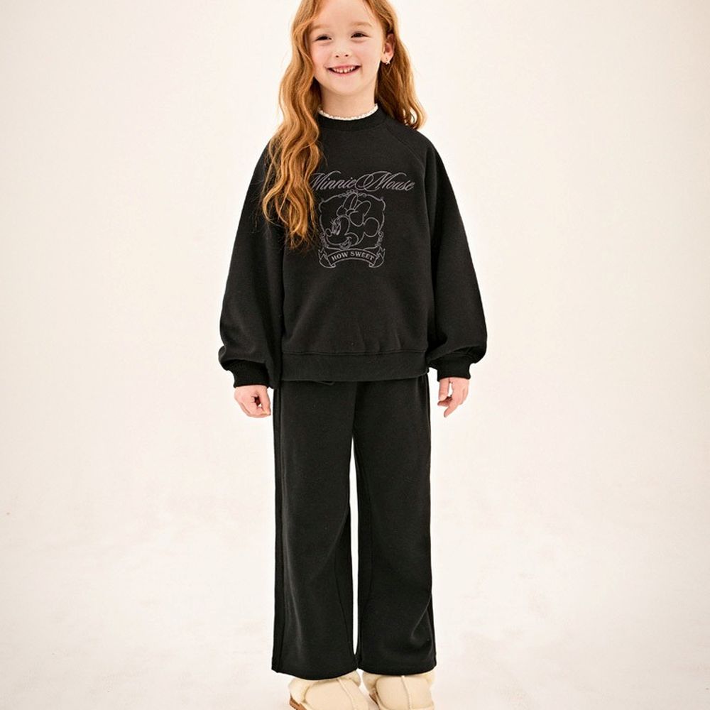 (聯名款)刺繡卡通人物米妮內刷毛長袖套裝-黑