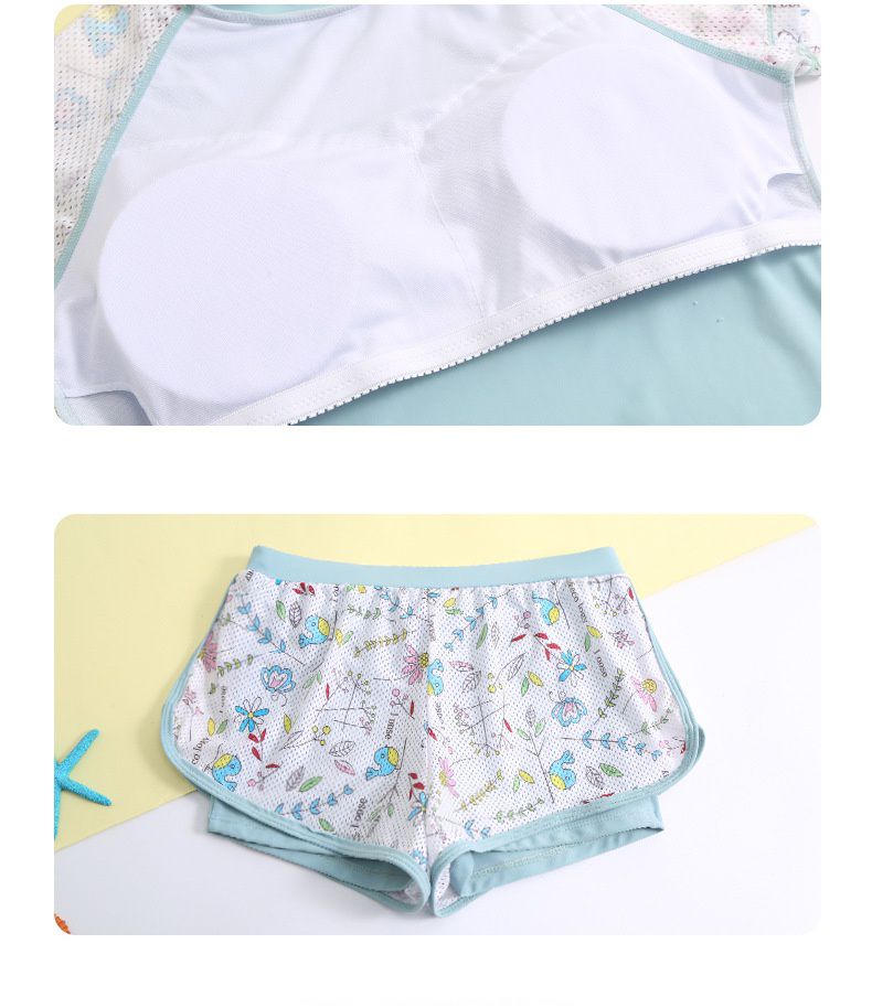 大童女孩運動風短袖泳衣套裝(二件組)-繽紛樹葉-湖水綠-泳衣、泳褲