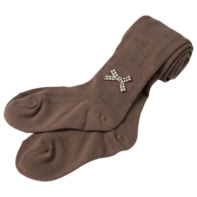 akachan honpo - 褲襪-格紋蝴蝶結-摩卡色