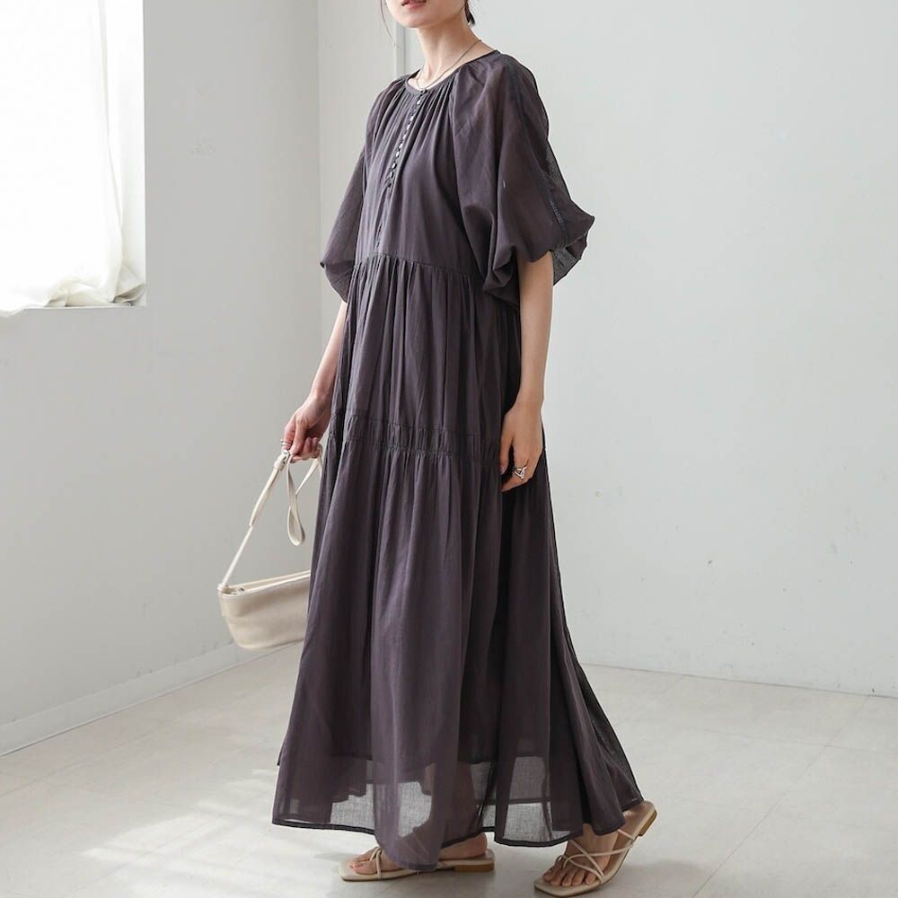 100%棉 巴里紗柔軟素色寬袖洋裝-炭灰