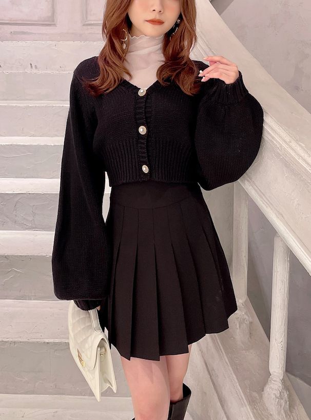 日本 GRL - 公主珍珠釦泡泡袖針織外套-天使白 (F)